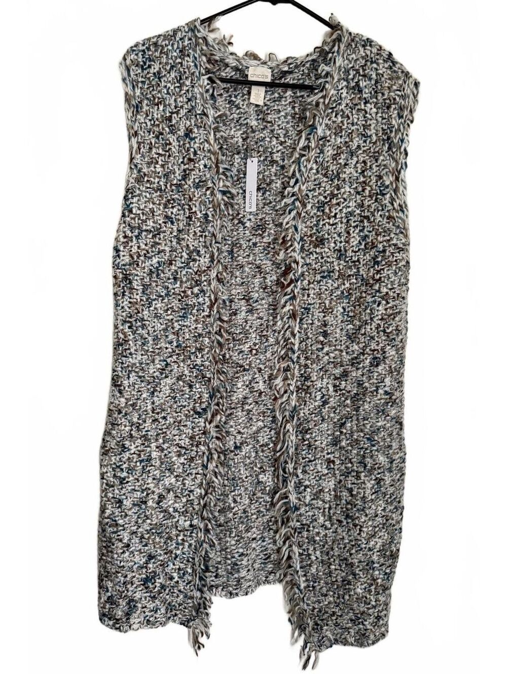 Chicos NEW Crochet Sweater Cardigan Vest Size Medium Chico's 1 Duster Fringe